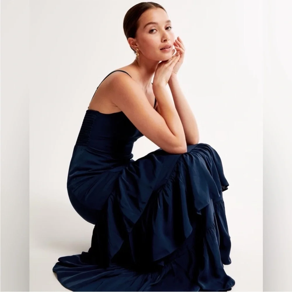 NWT Abercrombie & Fitch Ruffle Tiered Maxi Dress Navy Blue Satin XS
